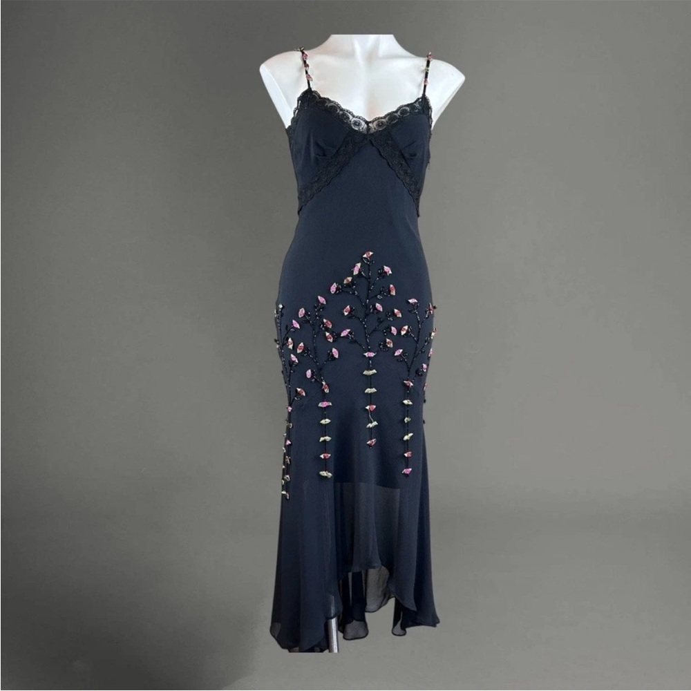Vintage 90s Y2K 100% Silk Beaded Dress Rose Vintage Beaded Dress Silk Slip Dress - Picture 5 of 7